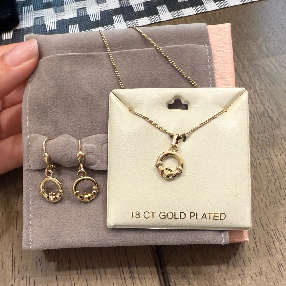 Solvar Claddagh Necklace & Earring Set, Sterling Silver & Gold Plated New